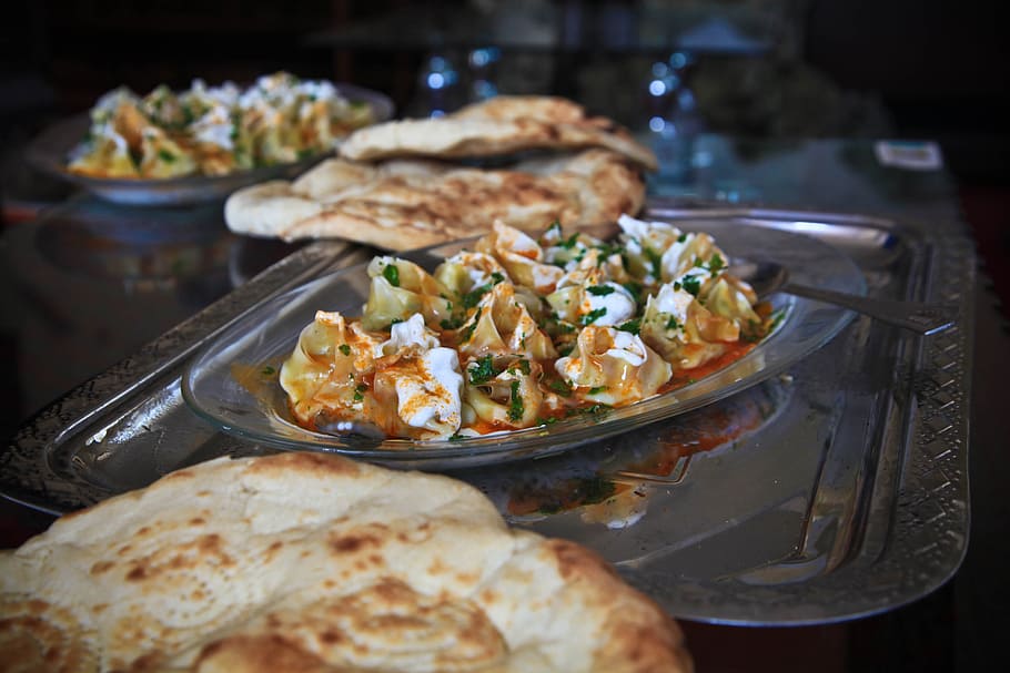 dumplings with sauce on glass plate, Food, Afghanistan, Cuisine