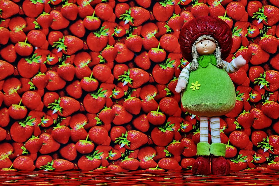 strawberries, doll, fruit, figure, red, one woman only, full length HD wallpaper
