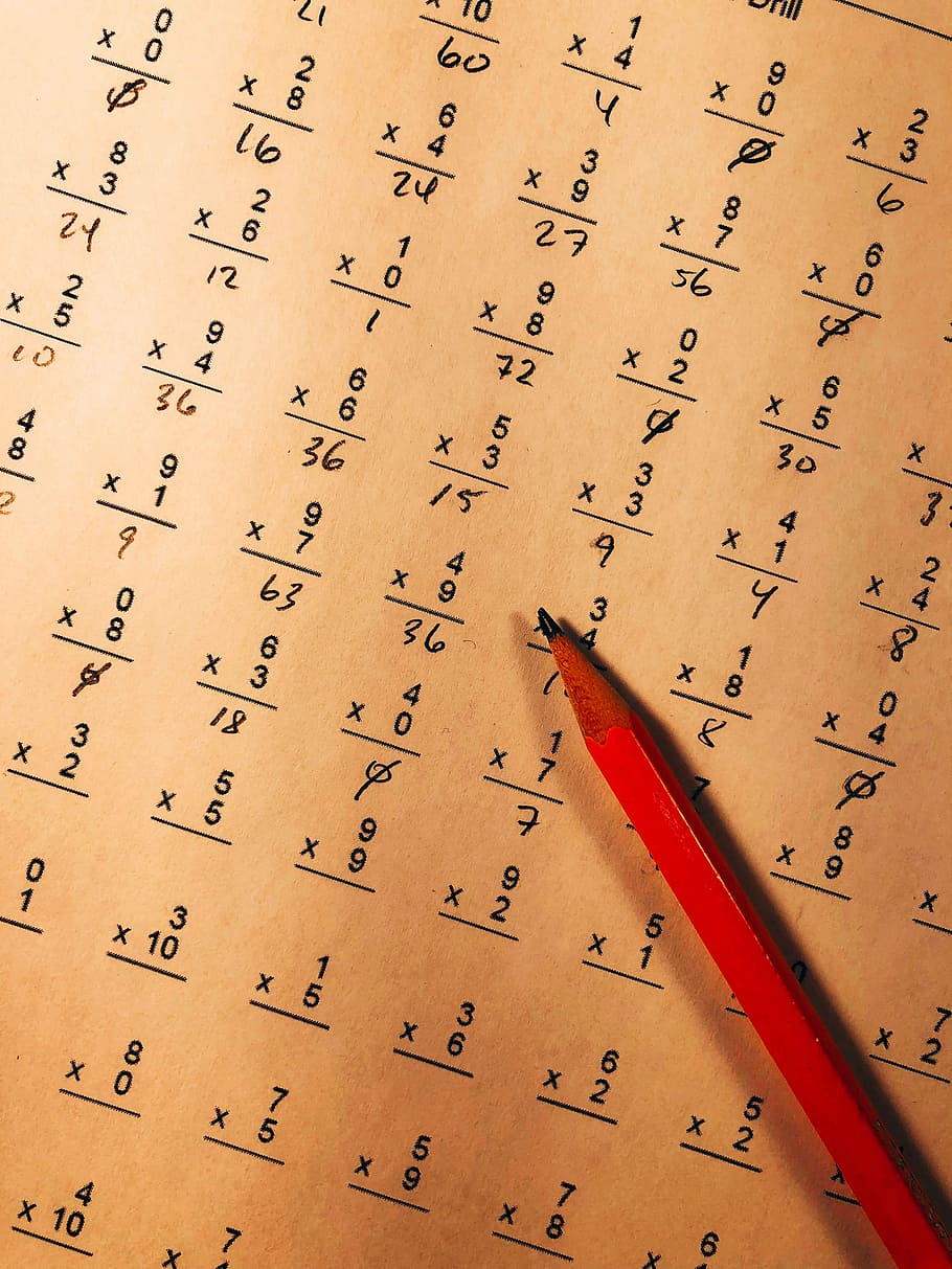 red pencil on top of mathematical quiz paper, brown pencil with paper, HD wallpaper