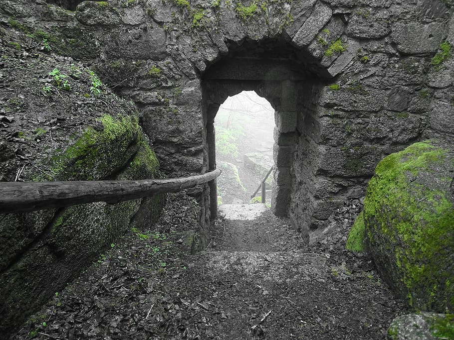gray brick tunnel at mountain, castle, ruin, output, moss, green HD wallpaper