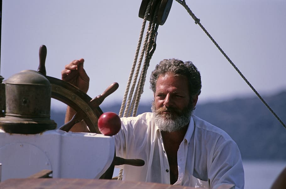 man wearing white dress shirt holding boat wheel, captain, ship HD wallpaper