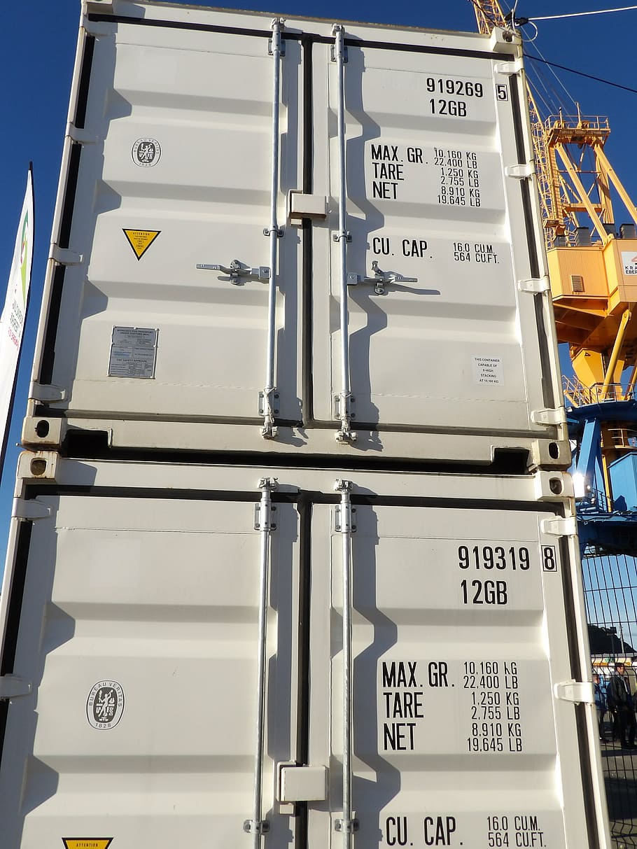 containers, goods, transport, communication, text, low angle view HD wallpaper