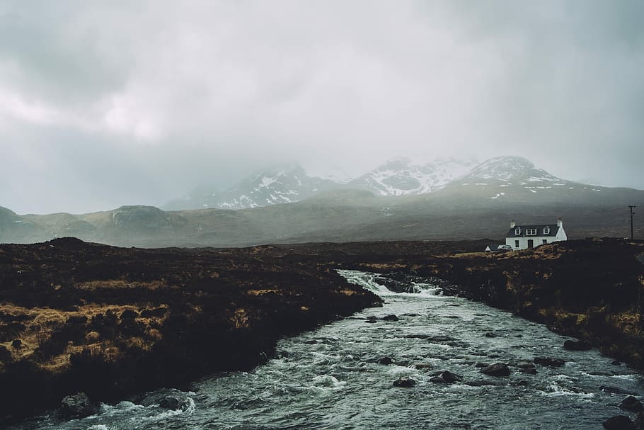 body of water in middle of land, running water surrounded by soil HD wallpaper