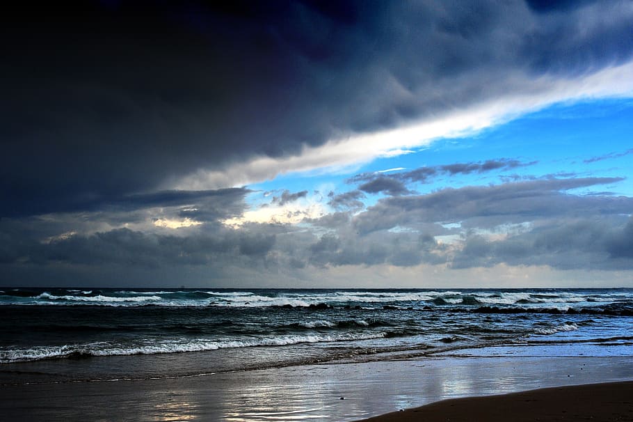 sea, clouds, sky, lightning cloud, blue sky, stones, tide, water HD wallpaper