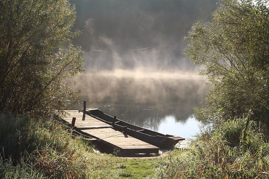wooden dock on lake, nature, canoeing, web, water, landscape HD wallpaper