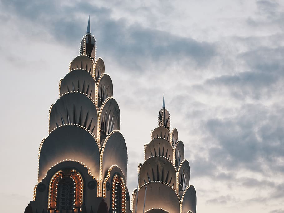 establishment, tower, clouds, sky, light, dark, architecture HD wallpaper