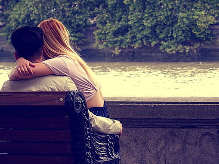 bench, landscape, man, couple, hugging, outdoors, people, river HD wallpaper