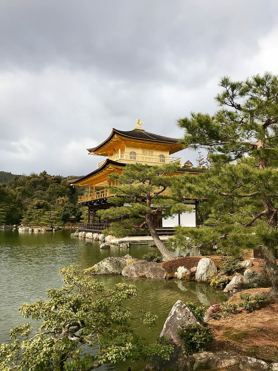 brown and black temple surrounded by green leafed trees, beige and black painted house near body of water during daytime HD wallpaper