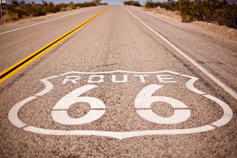 route 66 painted on street, usa, holiday, road trip, nevada, california, HD wallpaper