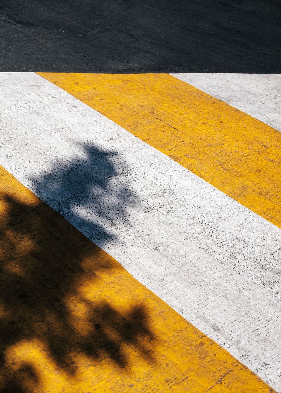 yellow and white pedestrian lane, untitled, asphalt, lines, shadow HD wallpaper