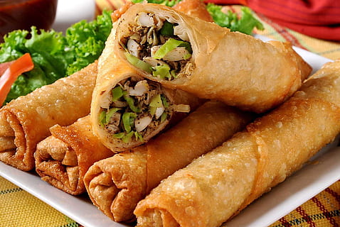 fried spring rolls in white platter, nem, chinese, vegetables HD wallpaper