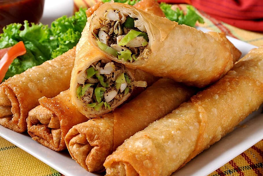 fried spring rolls in white platter, nem, chinese, vegetables