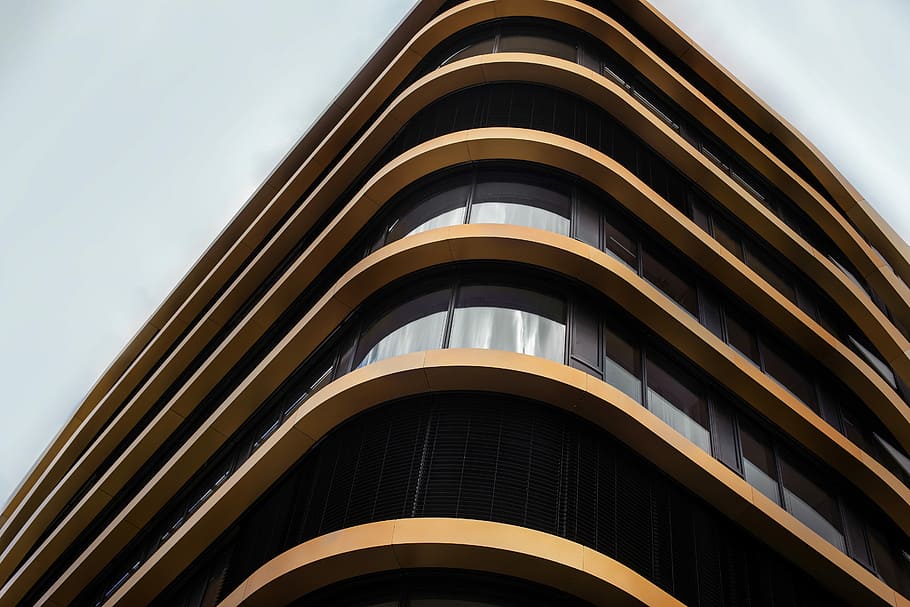 worm's eye view of brown glass building, low angle photography of brown concrete building HD wallpaper