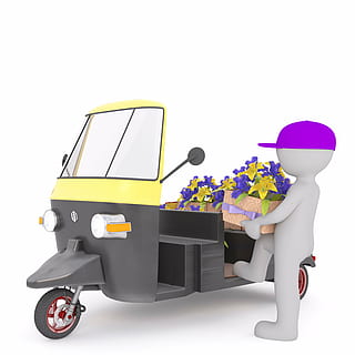 man riding auto rickshaw with petaled flowers illustration HD wallpaper