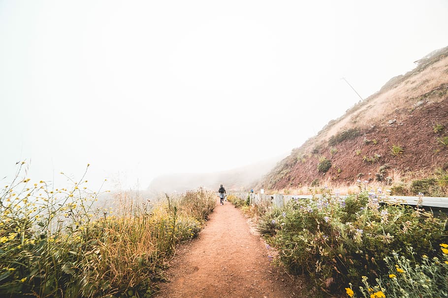 Young Woman Hiking the Mountain Trail in Foggy Weather, active