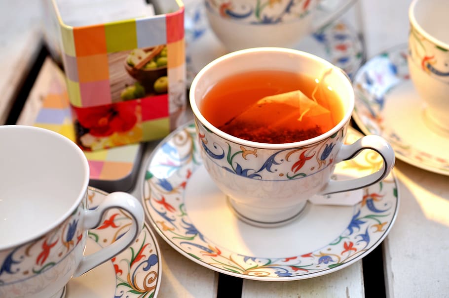 white teacup on top of white saucer, tee, service, tea bags, teatime, HD wallpaper