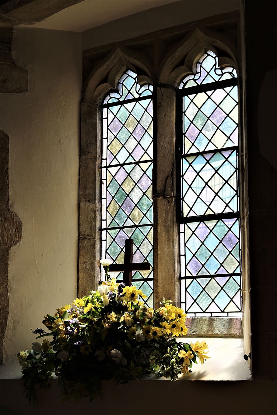 flowers, sympathy, church, display, window, plant, architecture, HD wallpaper