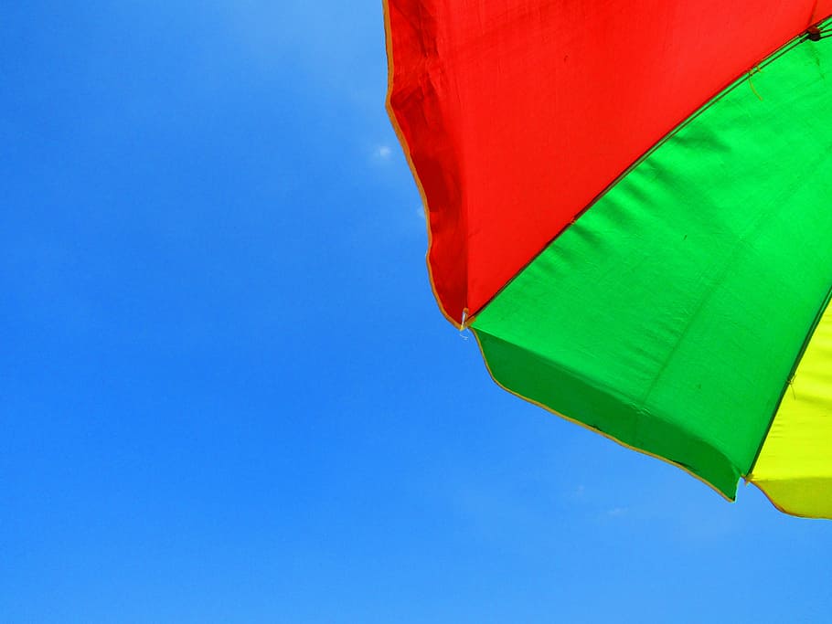 sun, sunlight, beach, umbrella, holiday, summer, sky, red, blue HD wallpaper