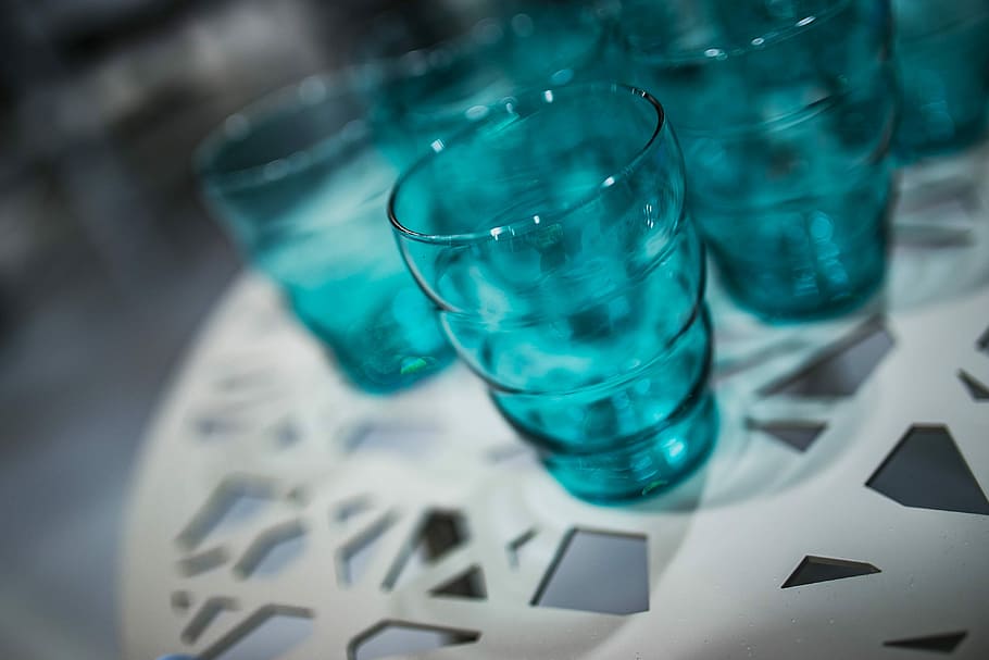White table with cyan glasses, drink, glassware, laboratory, science HD wallpaper
