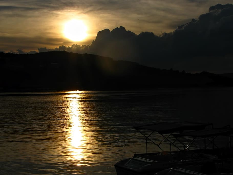 Harbor, Evening, Sun, Sunset, Sundown, landscape, lake, water HD wallpaper