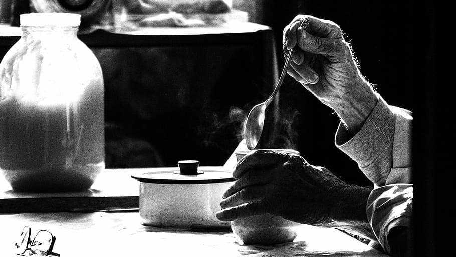 Coffee, People, Hand, Blackandwhite, Old, man, bw, home, black And White, HD wallpaper