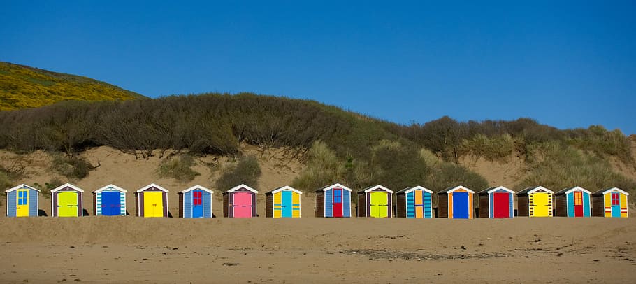 beach, hut, seaside, cabin, bathing, box, shelter, colorful HD wallpaper