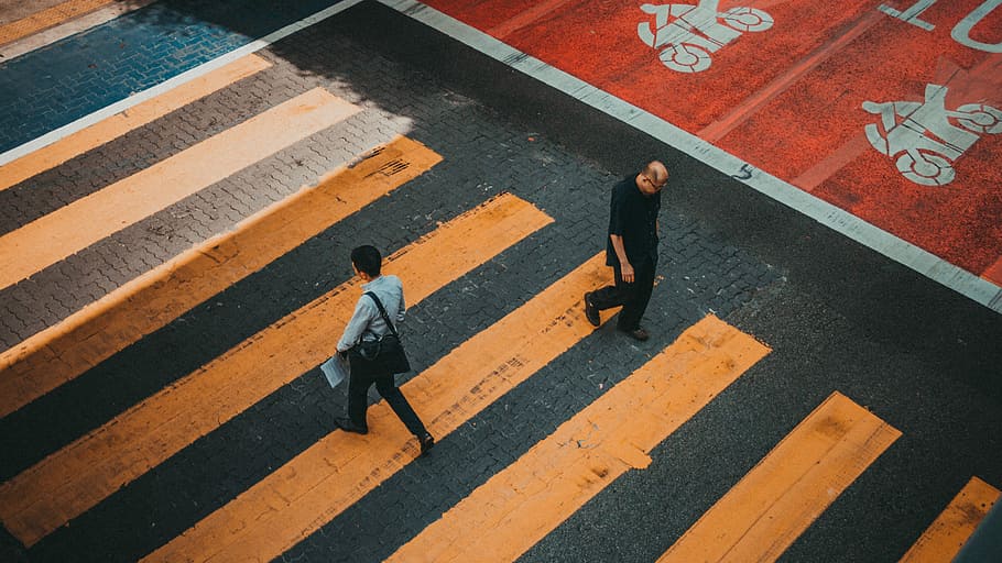 two man waling on the street, high-angle photo of two men walking on pedestrian crossing, HD wallpaper
