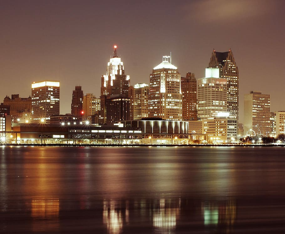 Detroit skyline with night lights in Michigan, city, photos, public domain, HD wallpaper