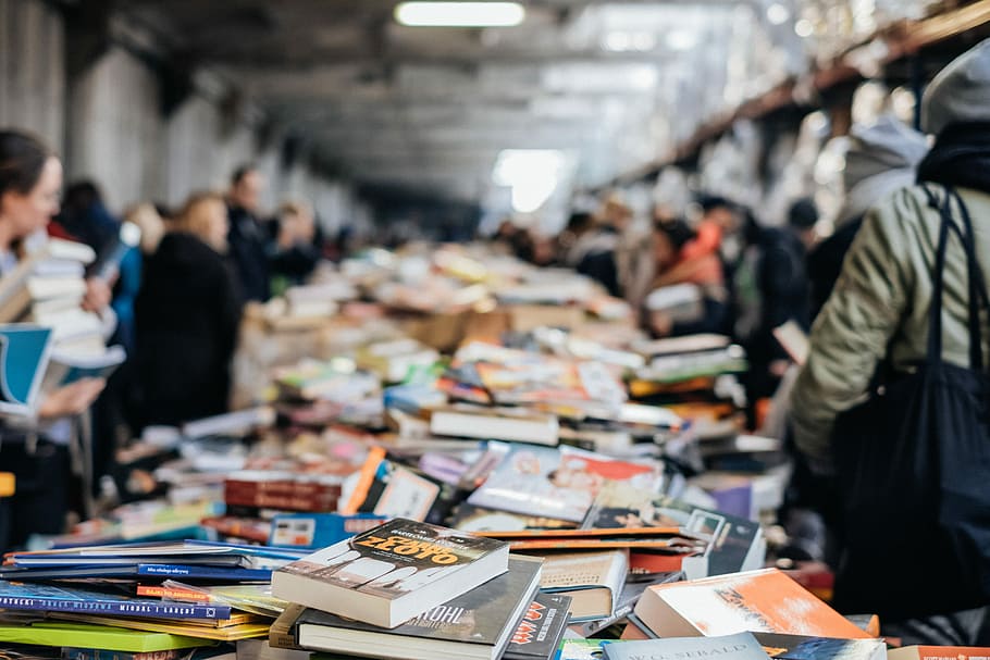 assorted book lot, pile of books, stack, crowd, bokeh, store HD wallpaper
