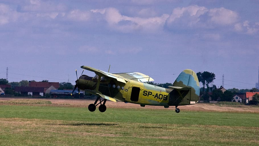 Aircraft, Start, Double Decker, propeller, take off, field HD wallpaper