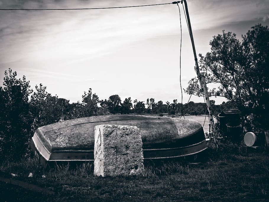 boot, bank, mood, landscape, rowing boat, old, black white HD wallpaper