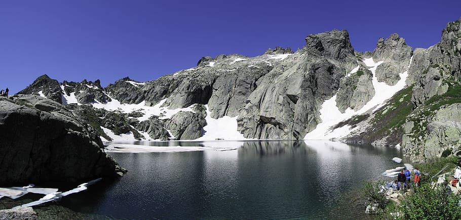 mountain, corsican, lac de goria, water, cold temperature, beauty in nature HD wallpaper