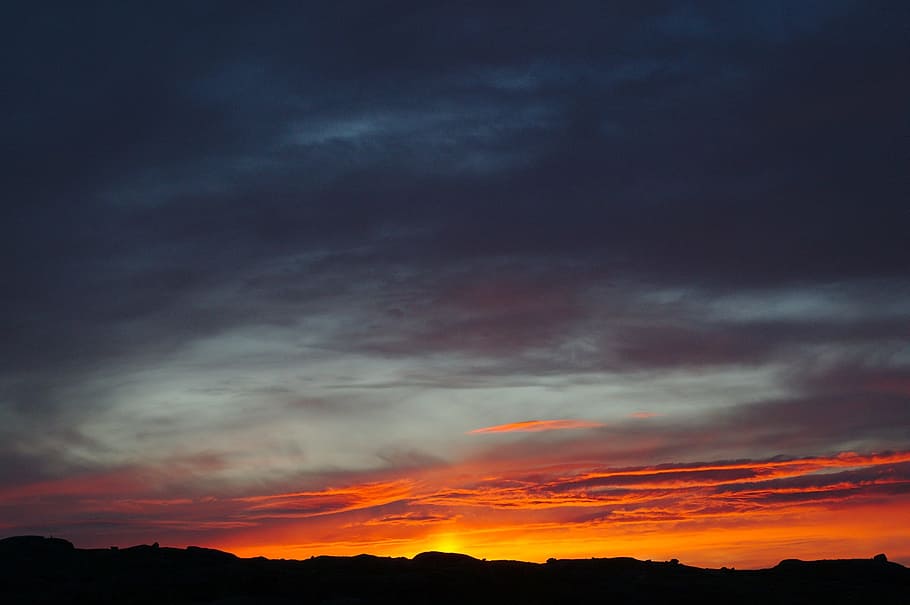 dark, orange, sunset, sunrise, sky, clouds, nature, mountain HD wallpaper