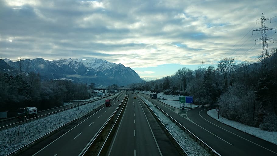 highway, zing, cloudy, gray clouds, travel, winter weather HD wallpaper