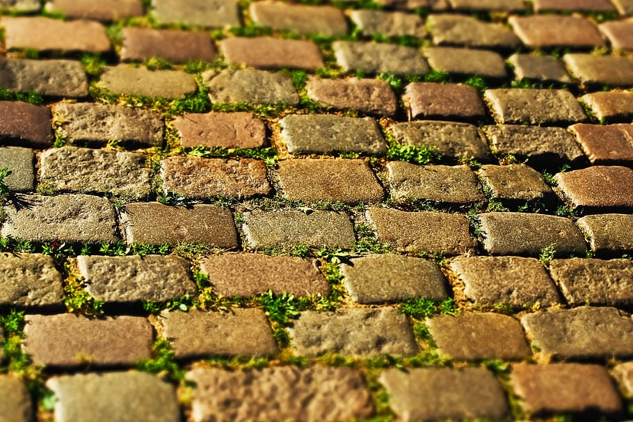 brown brick ground, cobblestone, patch, road, stones, away HD wallpaper