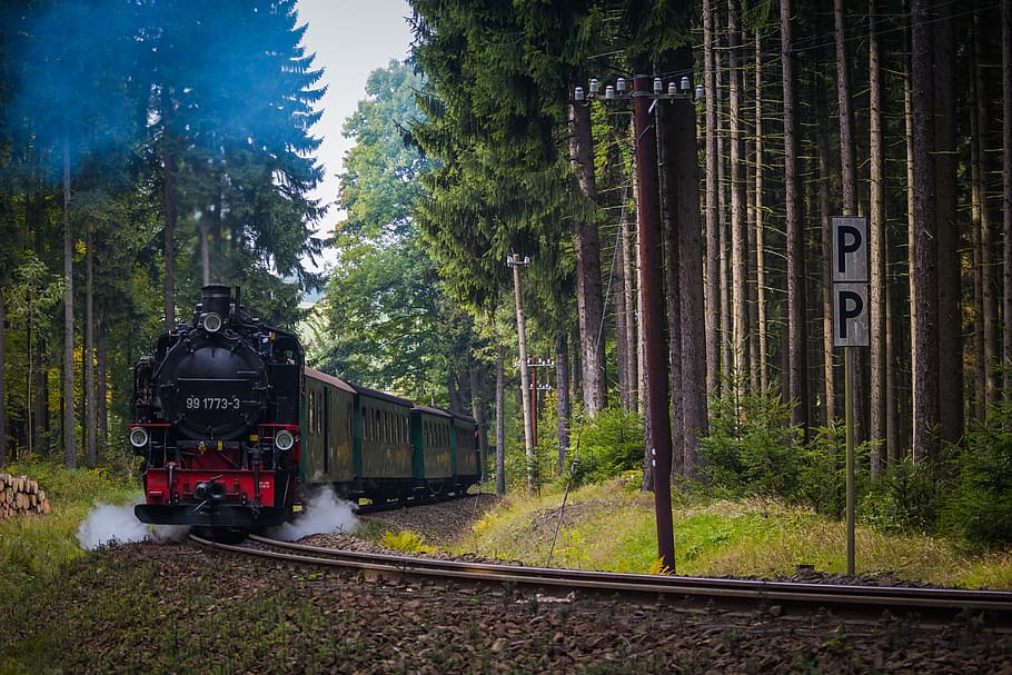 black and red train in black train track, locomotive, machine, HD wallpaper