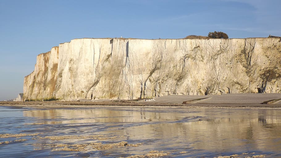 cliff, sea, beach, side, sand, normandy, water, rock, rock - object HD wallpaper