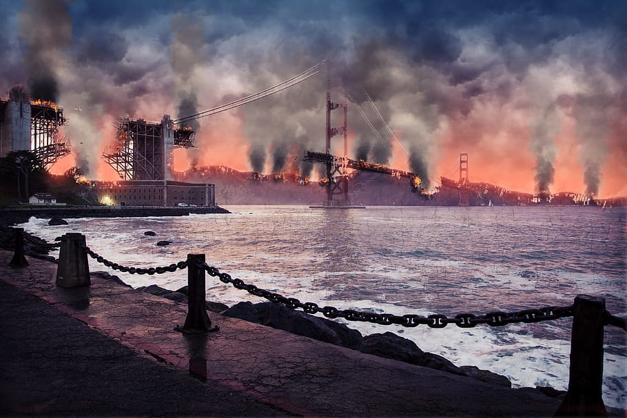 city buildings on fire beside ocean water illustration, architecture