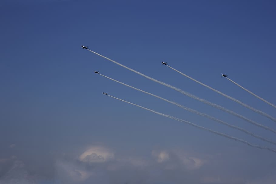 Fighter Jet, Plane, Clouds, Trail, sky, japan, airshow, teamwork HD wallpaper