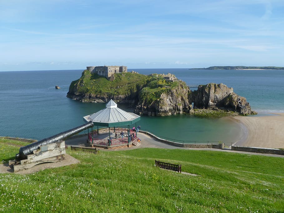 bandstand, seaview, ocean, tenby, water, sky, plant, grass