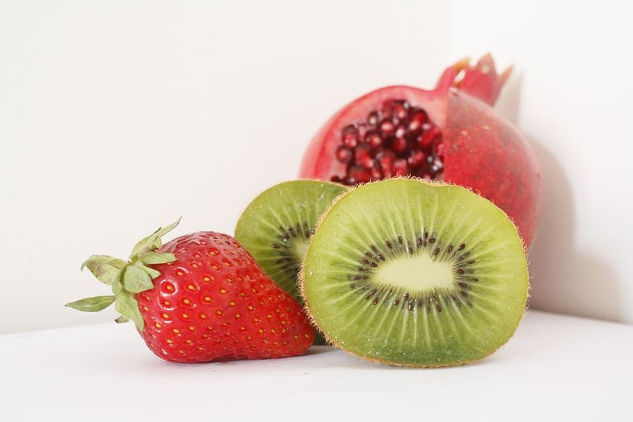 kiwi, pomegranate, and strawberry fruits, freshness, food, ripe HD wallpaper