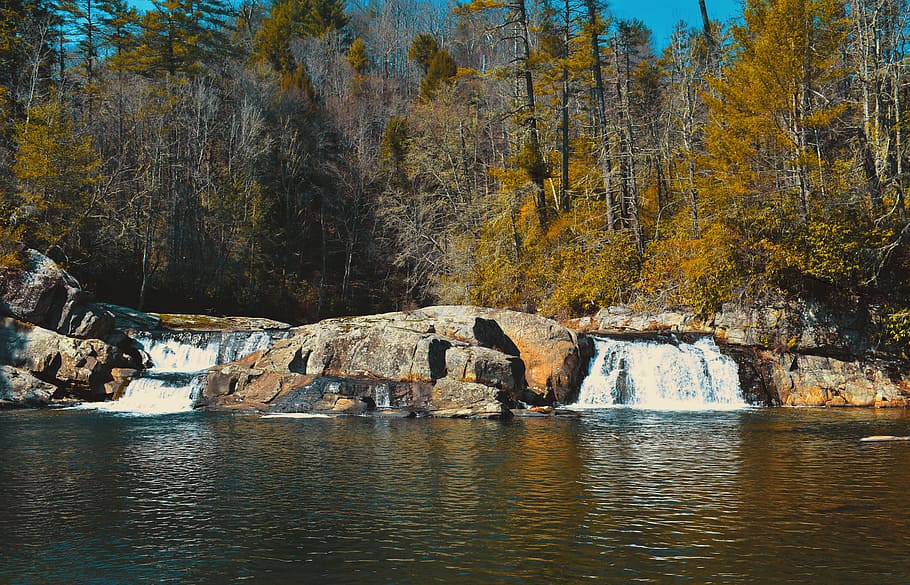 water, cascade, river, forest, fall, scenery, flow, travel HD wallpaper