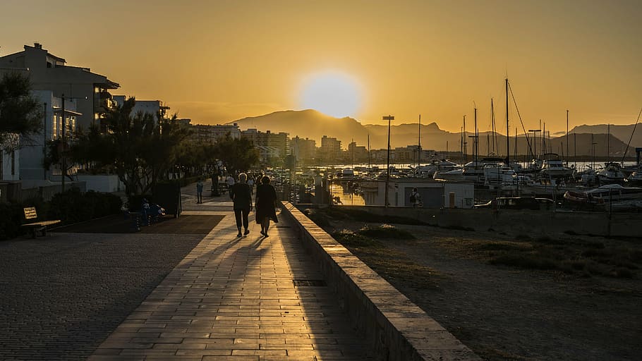 promenade, summer, sunset, spain, mallorca, port, sailing boats HD wallpaper