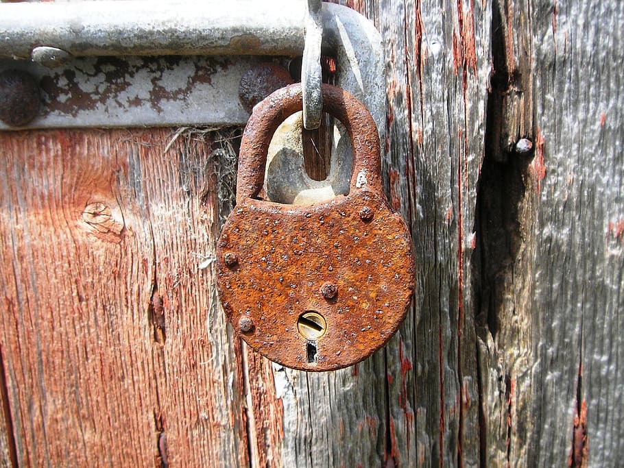 Padlock, Rust, Red, Old, Metal, Door, rusty, weathered, damaged, HD wallpaper