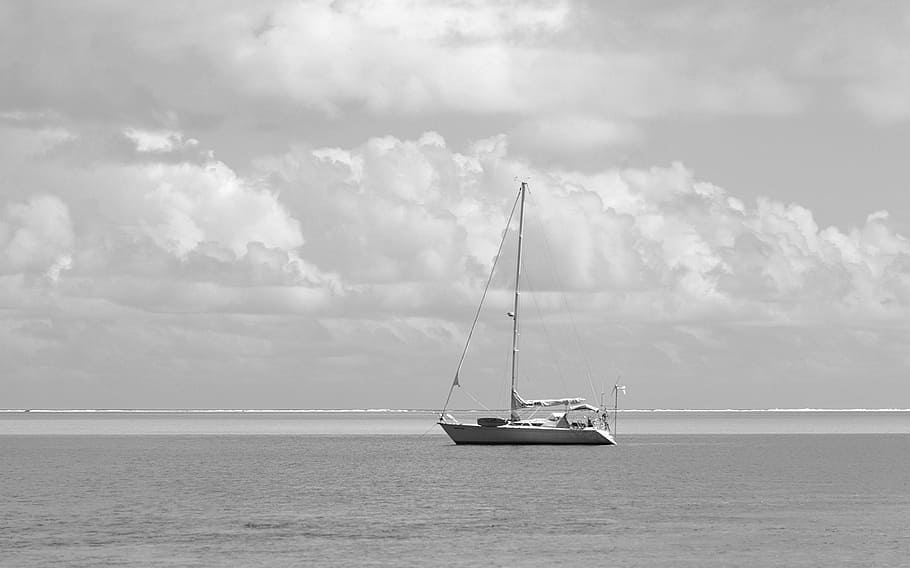 sailboat, sky, black and white, water, sea, nautical vessel HD wallpaper