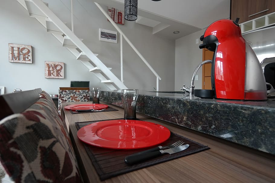 red and gray coffeemaker on gray marble-top counter, apartment HD wallpaper