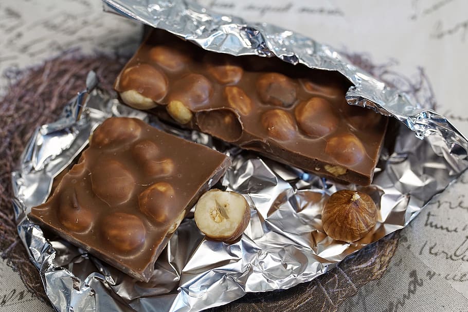 chocolate bar with foil, hazelnut chocolate, sweet, delicious