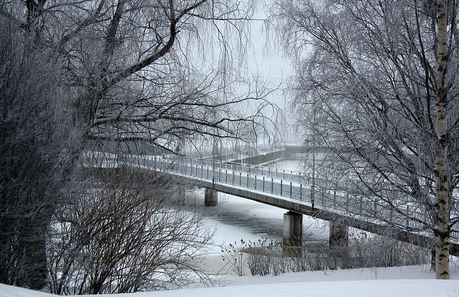 finland, bridge, architecture, river, water, frozen, icy, landscape HD wallpaper