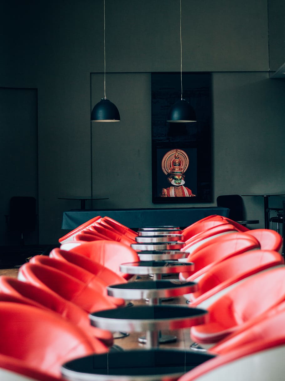 photography of tables with chairs, red bar stools with round tables HD wallpaper