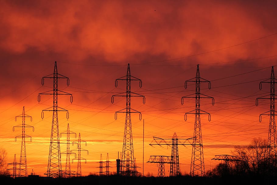 energy revolution, current, evening sun, sunset, sky, electricity pylon HD wallpaper